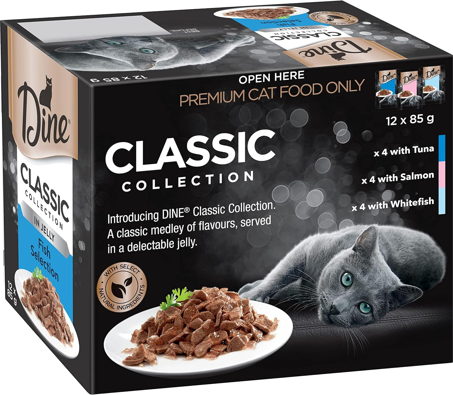 DINE Classic Collection Adult Wet Cat Food Fish Selection in Jelly 12 X 85G, 5 Pack (60 Pouches)